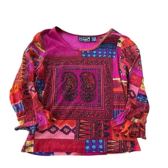 Vintage Nostalgia Women’s Colorful Patchwork Paisley Embellished Blouse Small - Picture 5 of 8